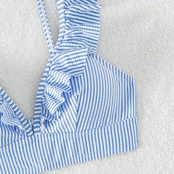 Blue and White Boho Womens Swim Summer Beach Striped Ruffle Trim Bikini Swimsuit - Picture 6 of 6